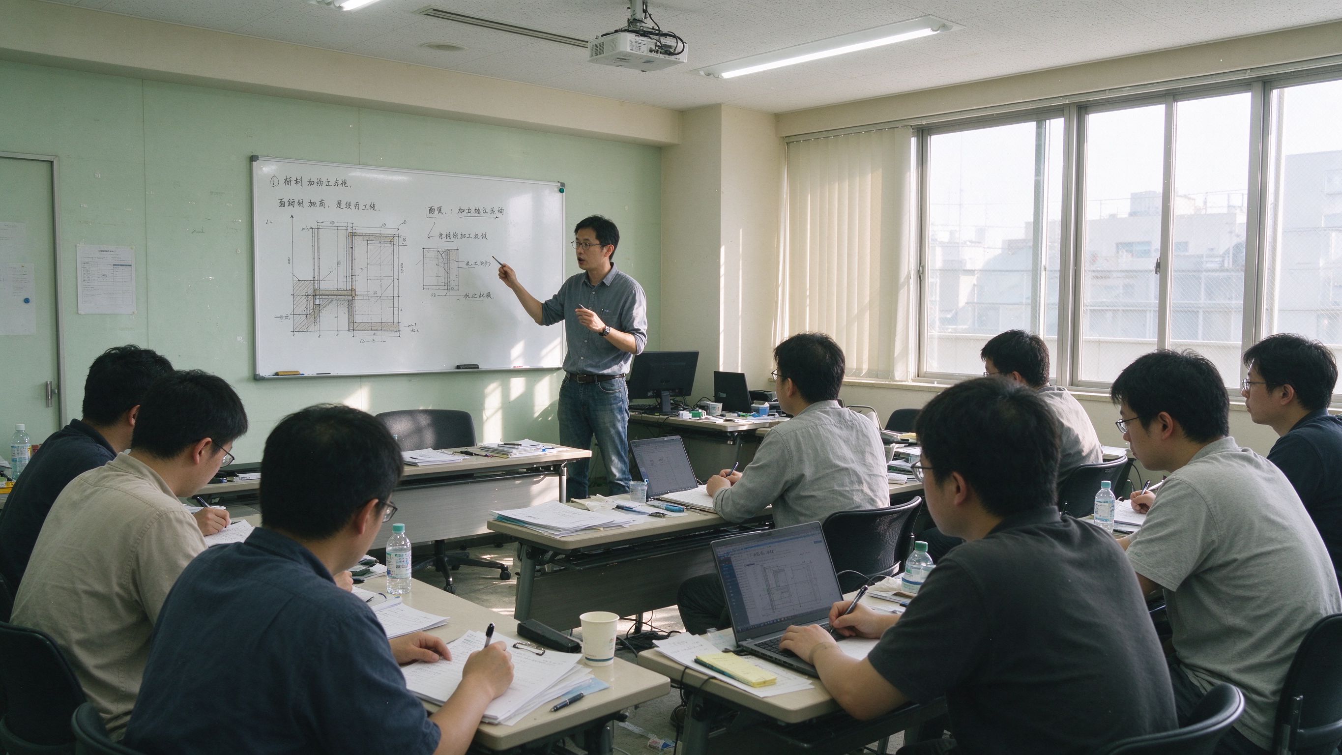 质量员考前培训教室，学员在做案例分析练习题
