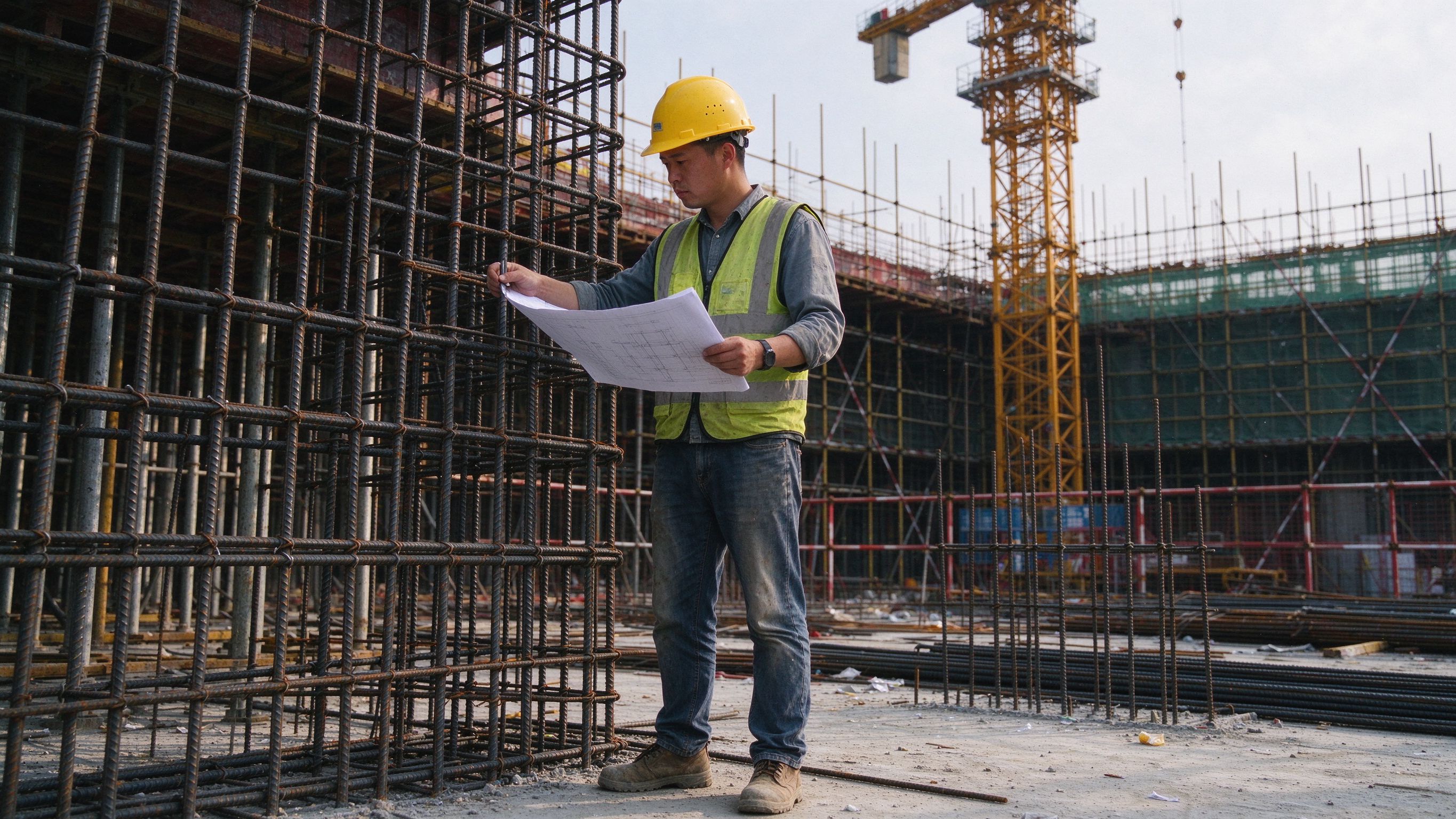 开封建筑工地现场施工员在楼体旁核对施工图纸